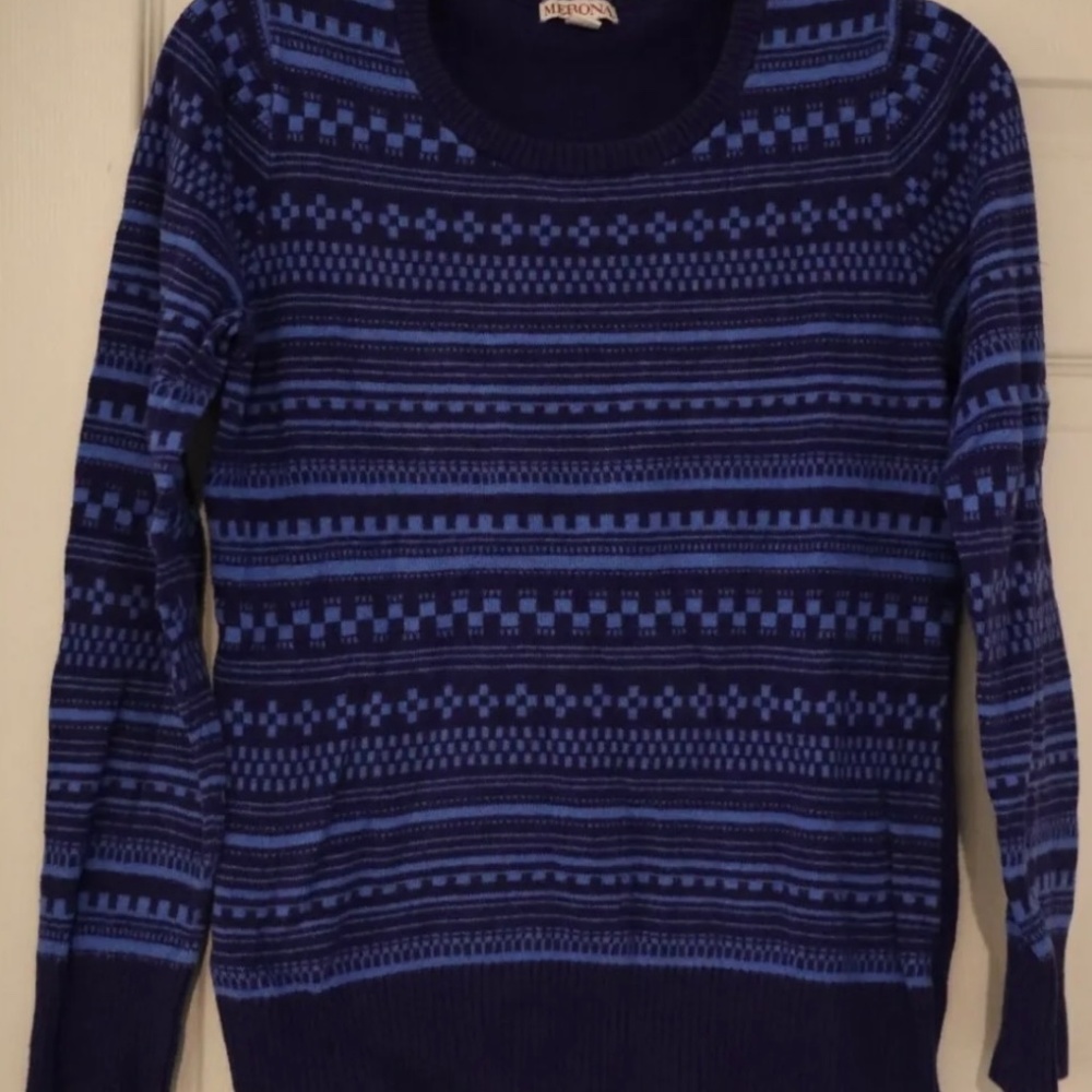 Merona Women's Pullover Sweater Blue and Black Fair Isle Size Medium